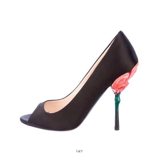 Vintage Prada Black Satin Peep Toe Sculpted Flower Heels 40 - Picture 1 of 5